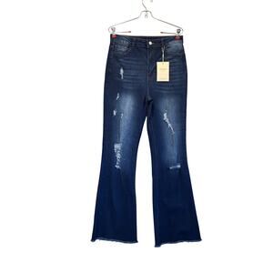 PEIHOT Flare Jeans NWT Size L Dark Wash Distressed High Rise Stretch 32 Inseam
